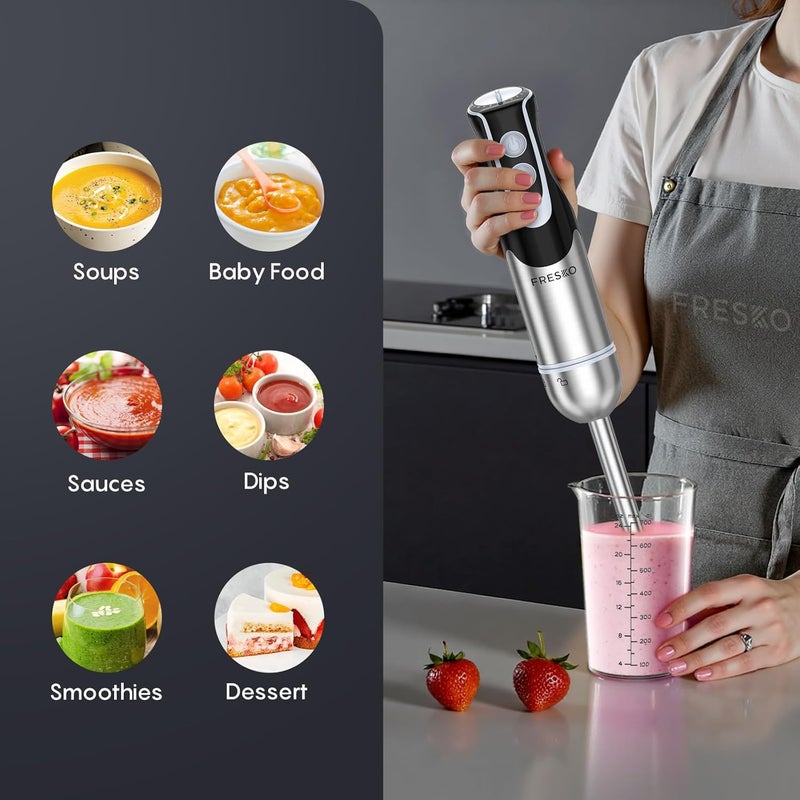 Fresko Immersion Handheld Blender 500W with 700ml Beaker, 12-Speed & Turbo Mode Hand Blender Stick, 304 Stainless Steel Blades for Soup, Smoothie, Puree, Baby Food - Image 2